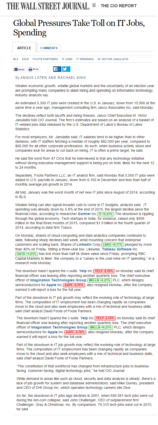 Global Pressures Take Toll on IT Jobs, Spending - WSJ